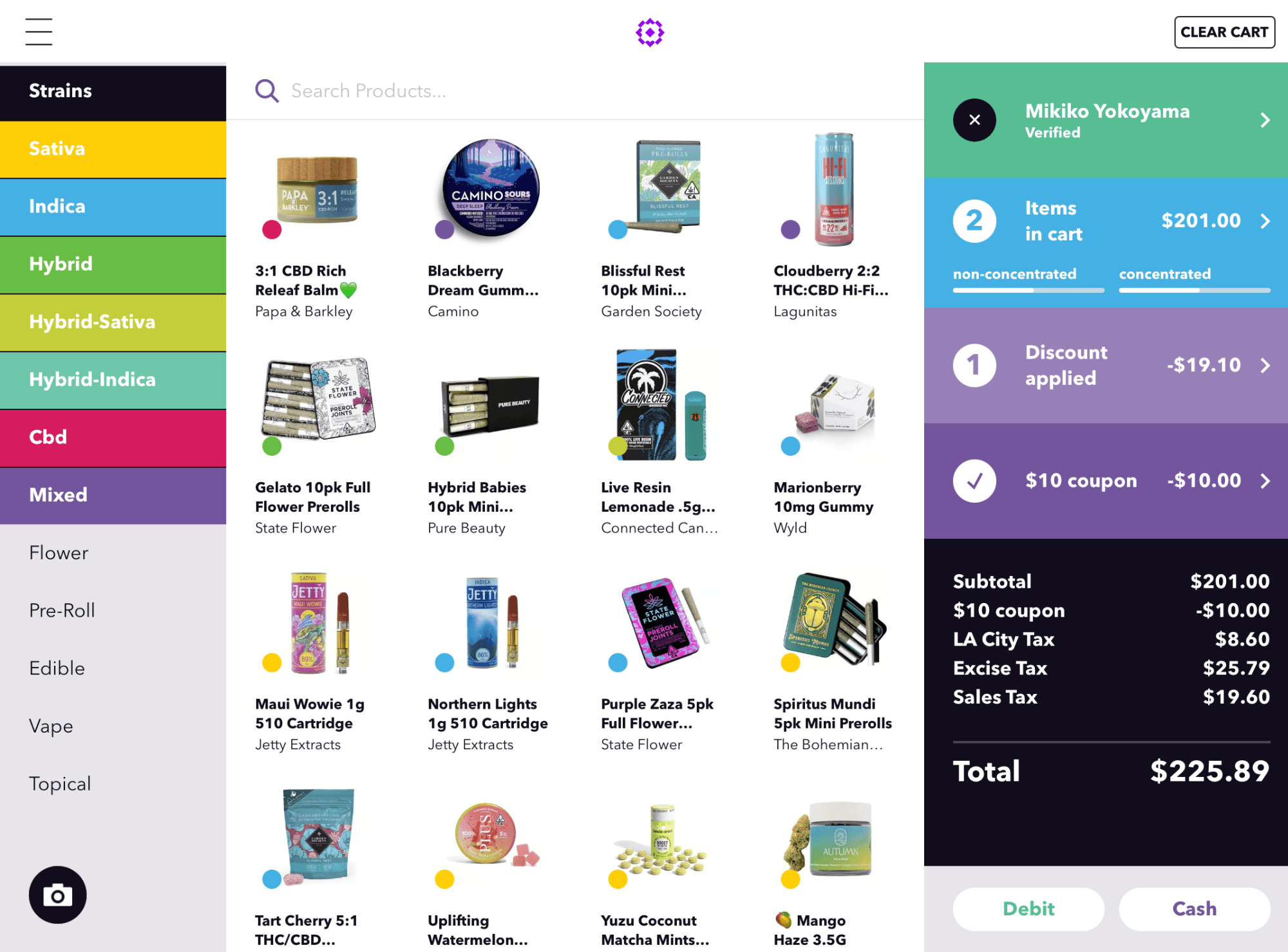 Meadow POS screenshot showing a budtender's point of view during checkout.