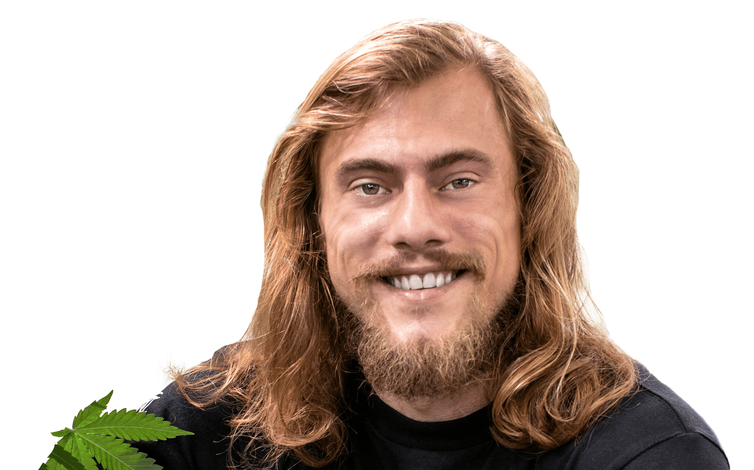 A portrait photo of a white man with long, flowing golden hair and a bear, smiling.