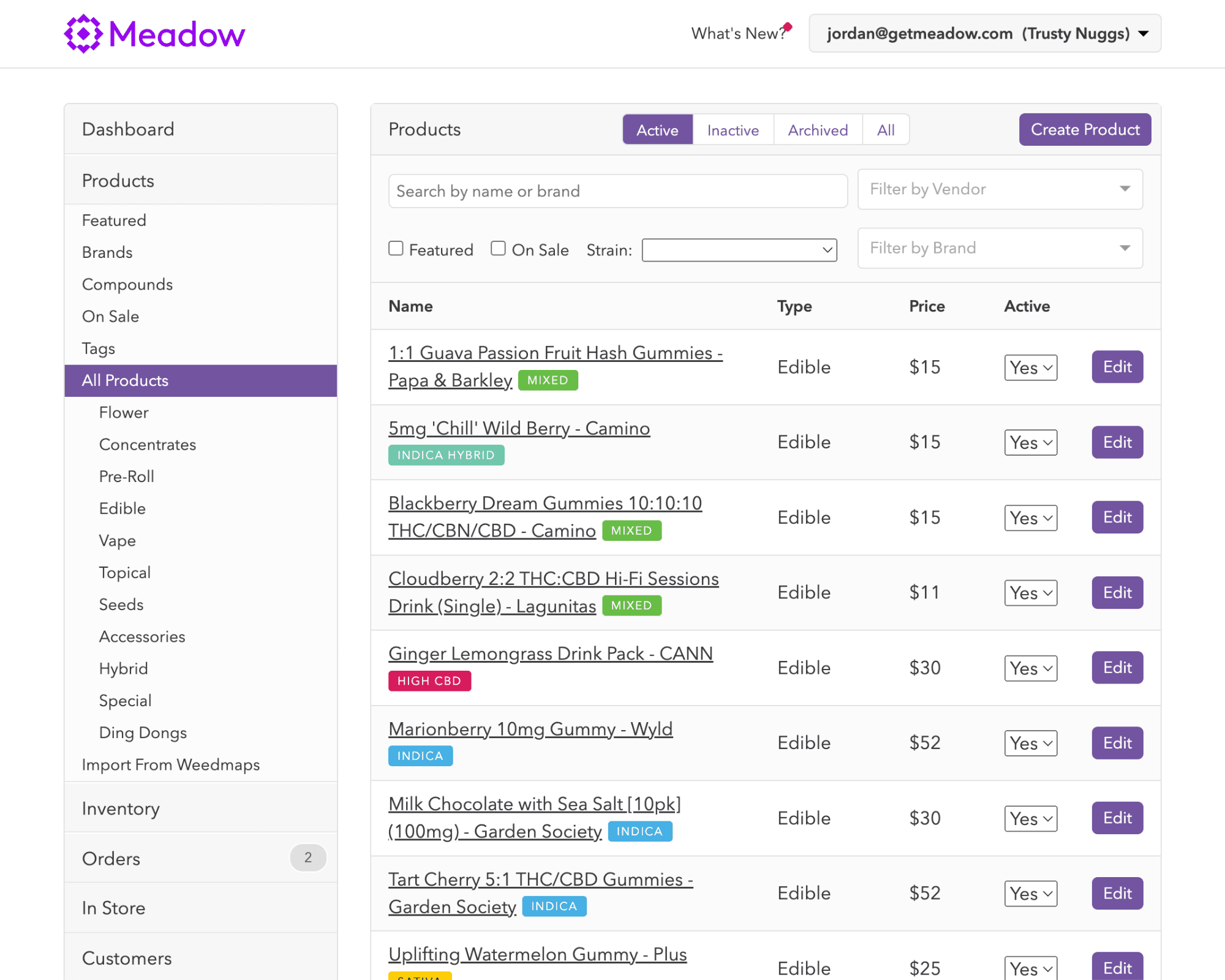 Meadow Admin screenshot showing the product management screen.