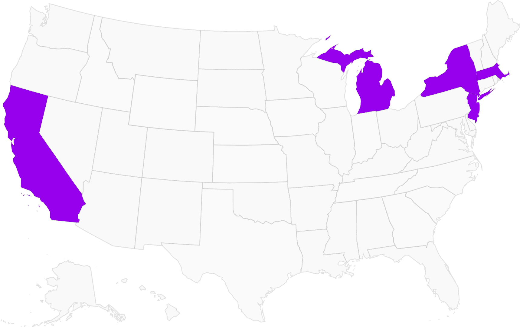 The 50 US states, with Michigan, New York, Massachusetts, and New Jersey highlighted in purple.