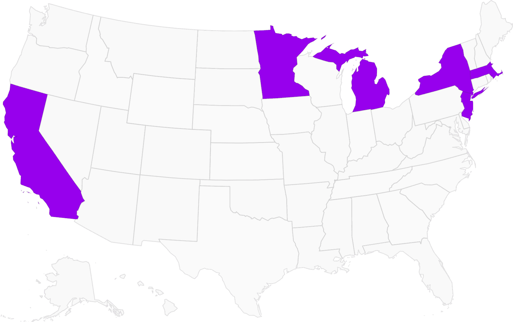 The 50 US states, with Michigan, New York, Massachusetts, and New Jersey highlighted in purple.