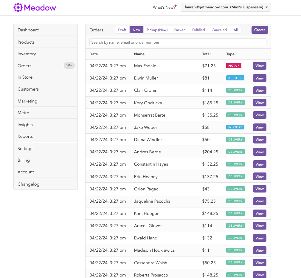 A list of orders, their statuses, and their types in Meadow Admin.