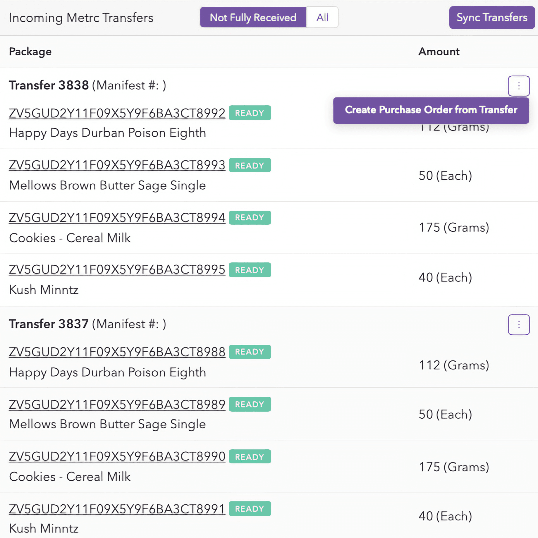 The Meadow Admin UI showing a list of incoming Metrc Transfers in a table, including packages and amounts.
