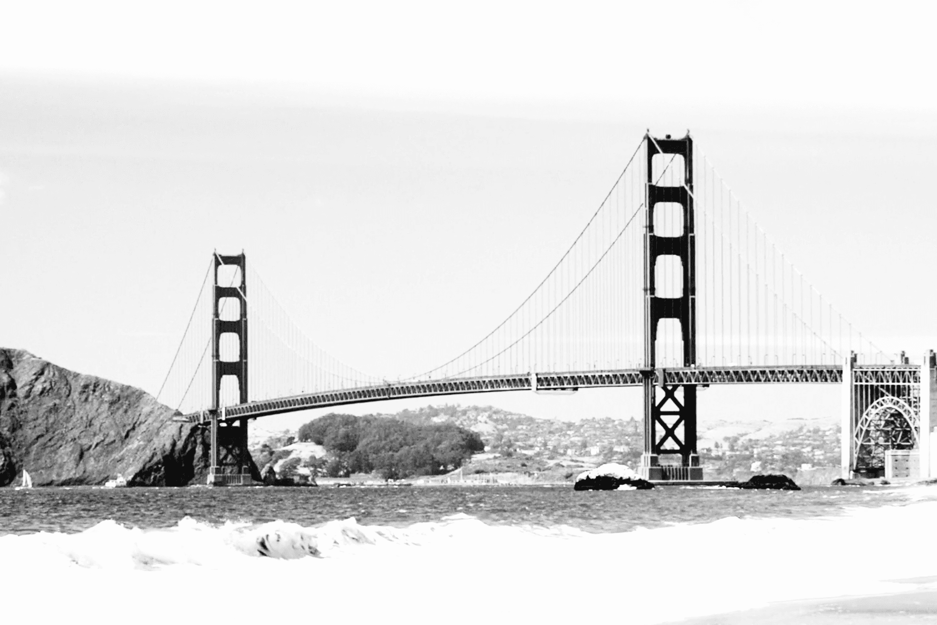A black and white image of the Golden Gate Bridge