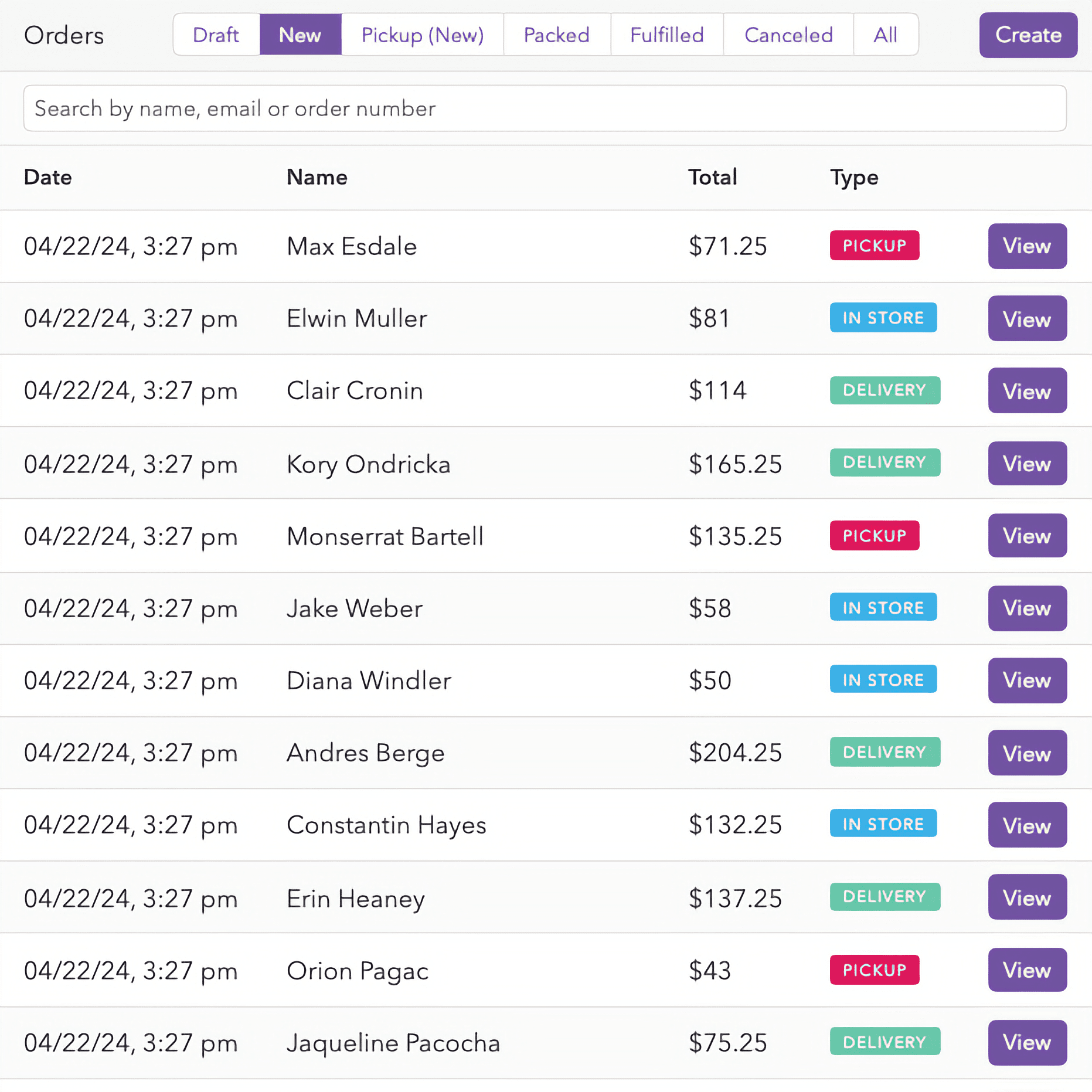 A list of orders in the Meadow admin, including name, when the order was made, and what type of order it is.