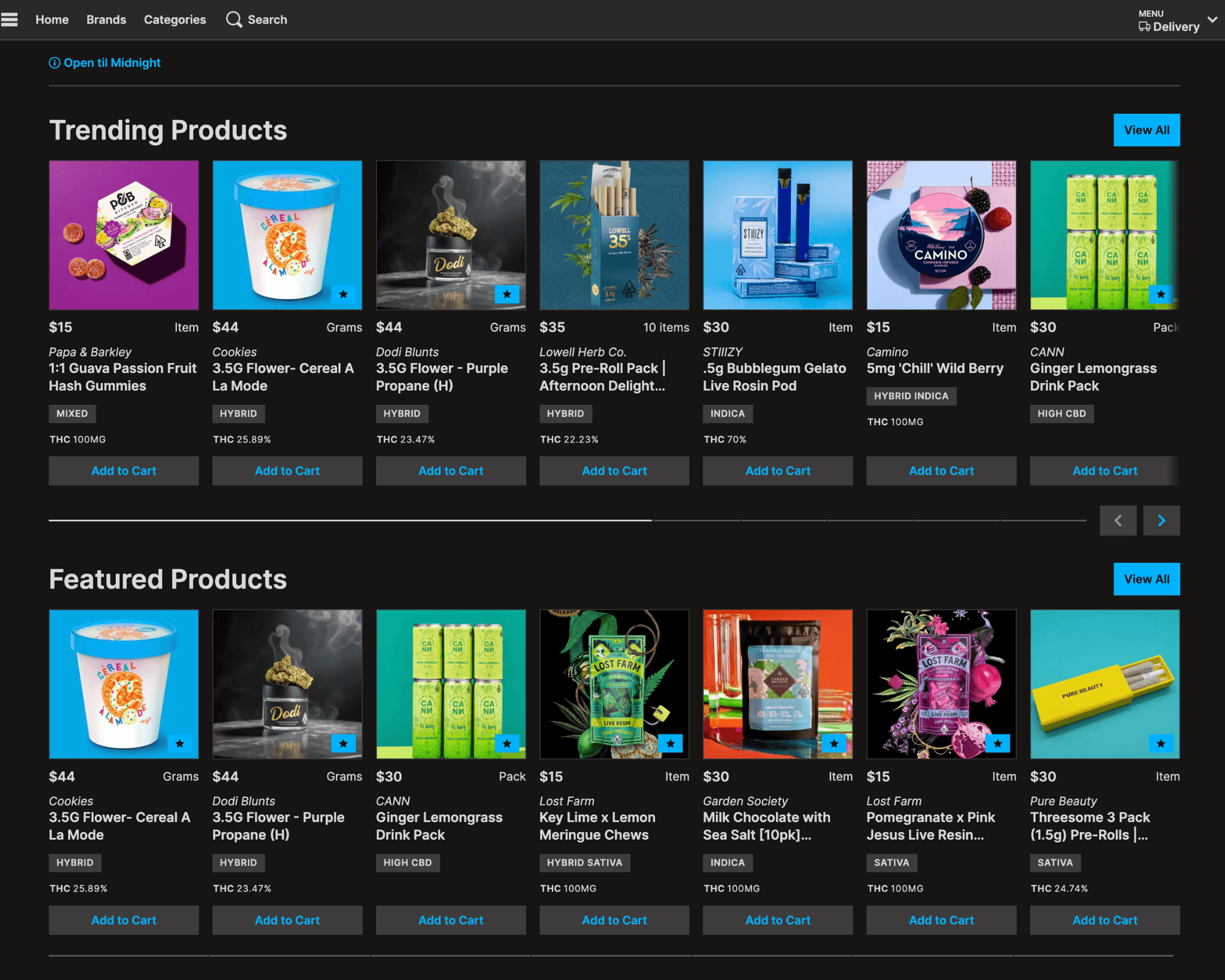 Meadow Menu Pro screenshot showing trending products and featured products.