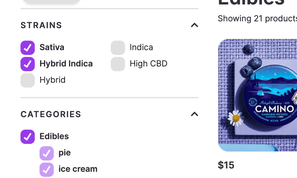 The left side filter bar of Menu Pro, showing checkboxes for strains and categories