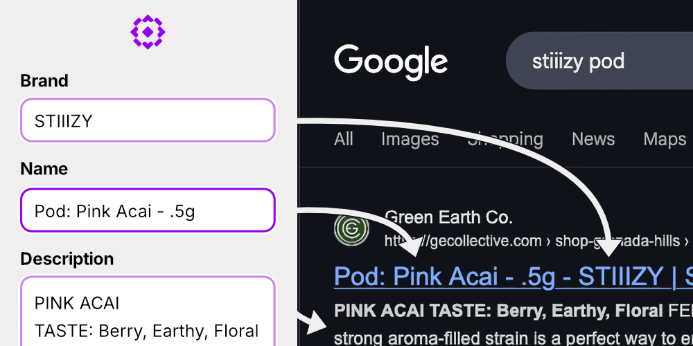 A Meadow admin form with STIIIZY brand and product information next to a Google search result featuring the same product