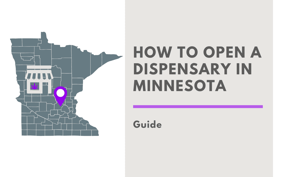 Illustration of a cannabis dispensary location marked on a map of Minnesota next to the blog title "How to Open a Dispensary in Minnesota."