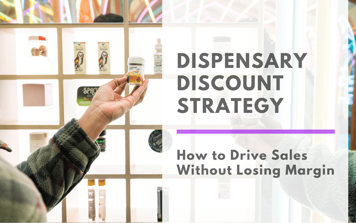 A dispensary customer wearing a green plaid jacket holds up a small cannabis product jar in front of a bright, back-lit display wall filled with various cannabis products. On the right side, bold text reads “Dispensary Discount Strategy” with a purple line underneath and subtext: “How to Drive Sales Without Losing Margin.” The setting appears modern and well-lit, emphasizing smart cannabis retail.
