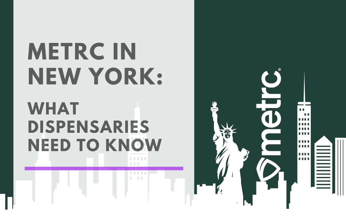 The blog banner image shows a clean, modern design highlighting the New York cannabis industry’s transition to Metrc. On the left, a gray background with a white New York City skyline silhouette frames bold dark gray text reading “METRC IN NEW YORK: WHAT DISPENSARIES NEED TO KNOW,” with a thin purple underline. On the right, a dark green background features the white silhouette of the Statue of Liberty and high-rise buildings, alongside the vertical Metrc logo. The banner visually connects New York dispensaries, cannabis compliance, and Metrc software to reinforce the blog’s focus on preparing operators for the upcoming Metrc rollout.
